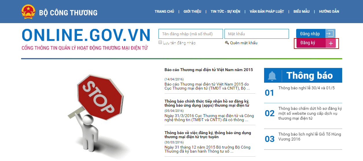Đăng ký tài khoản trên trang chủ của website Bộ Công Thương